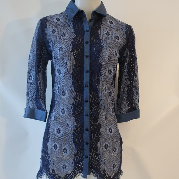 Womens Anne Fontaine Blue Navy Lace Blouse Top 36 US (0-2) - Picture 6 of 13